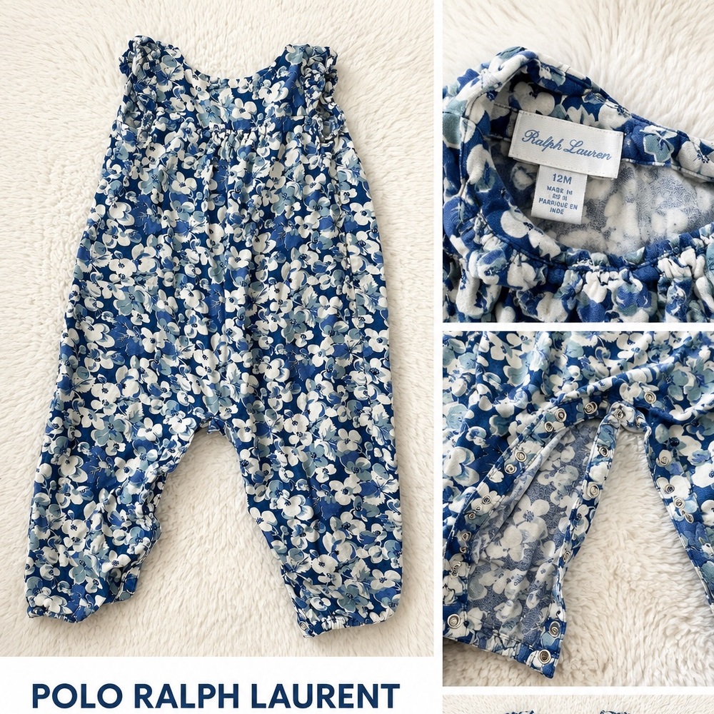 Polo Ralph Lauren Baby Girl Floral Romper 12M Blue Soft One Piece